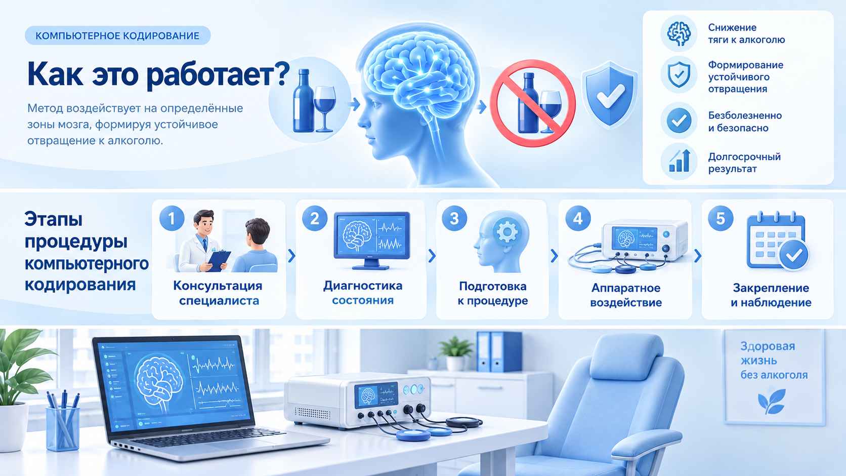 Инфографика компьютерного кодирования от алкоголизма: схема воздействия на мозг и этапы процедуры — консультация, диагностика, подготовка, аппаратное воздействие и последующее наблюдение.